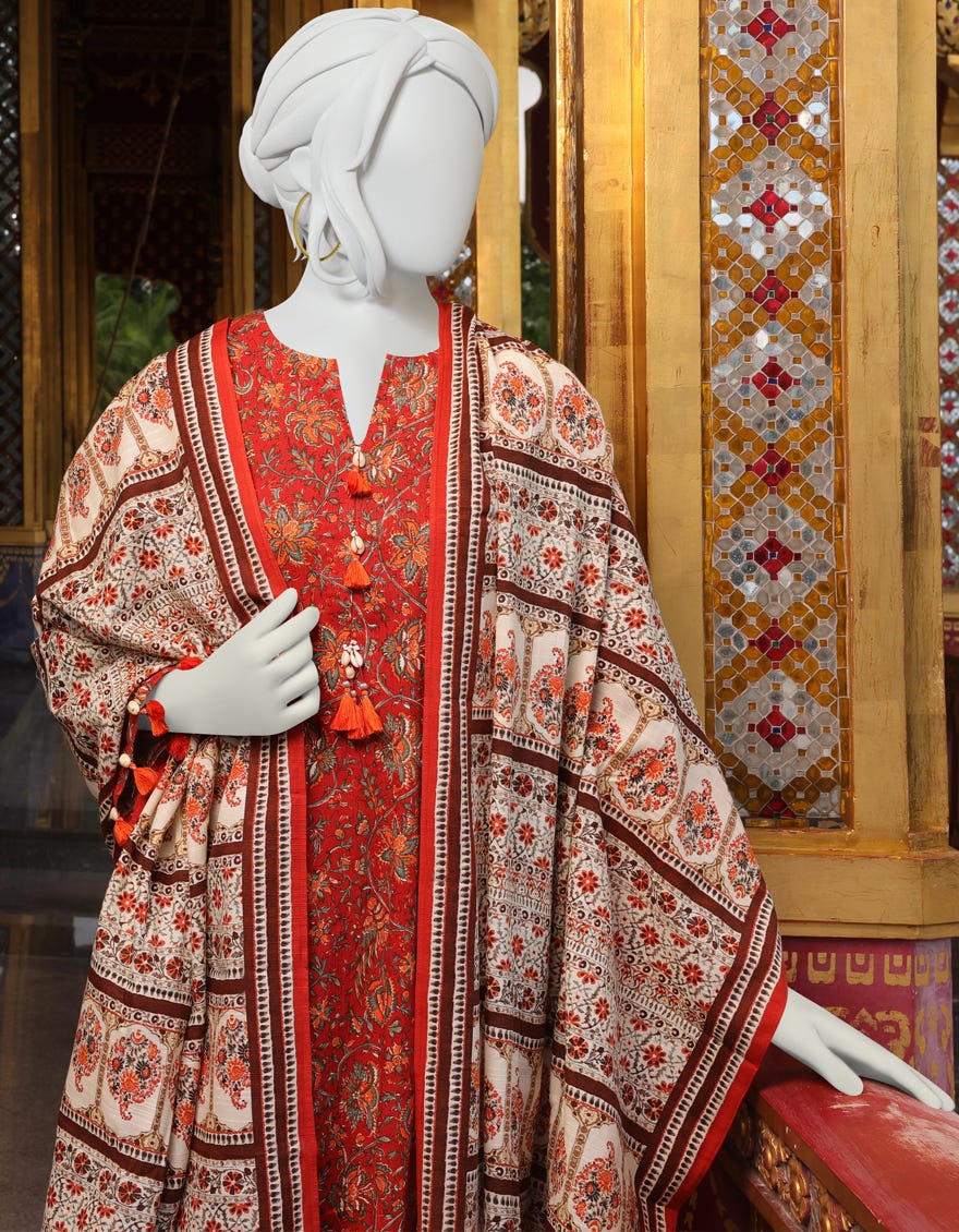 RED ORANGE KHADDAR UNSTITCHED 3PC | JJLS-W-JWU-22-1831 FB