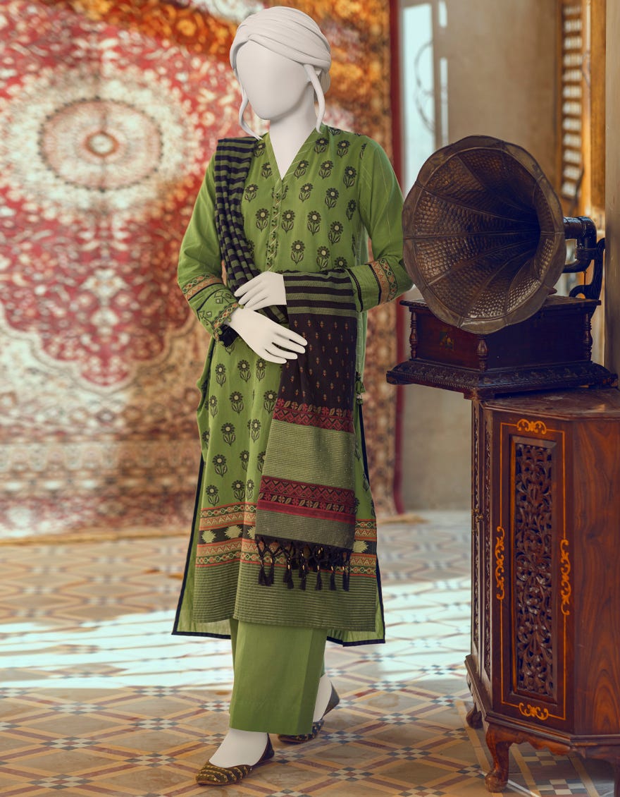 GREEN JACQUARD UNSTITCHED 3PC | JJLS-W-JWU-22-1835
