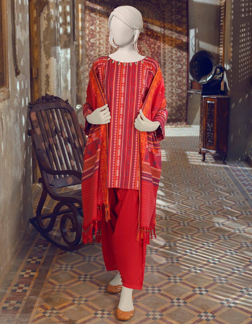 RED JACQUARD UNSTITCHED 3PC | JJLS-W-JWU-22-1837