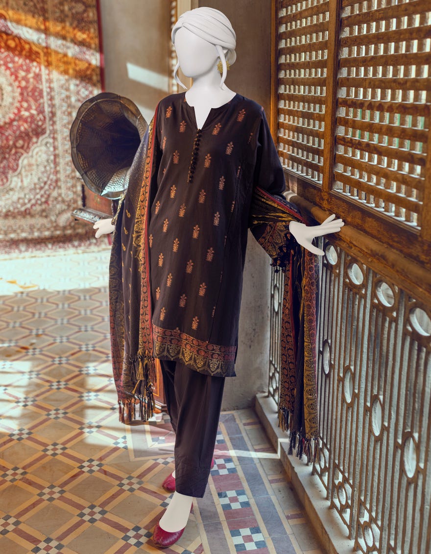 BLACK JACQUARD UNSTITCHED 3PC | JJLS-W-JWU-22-1838