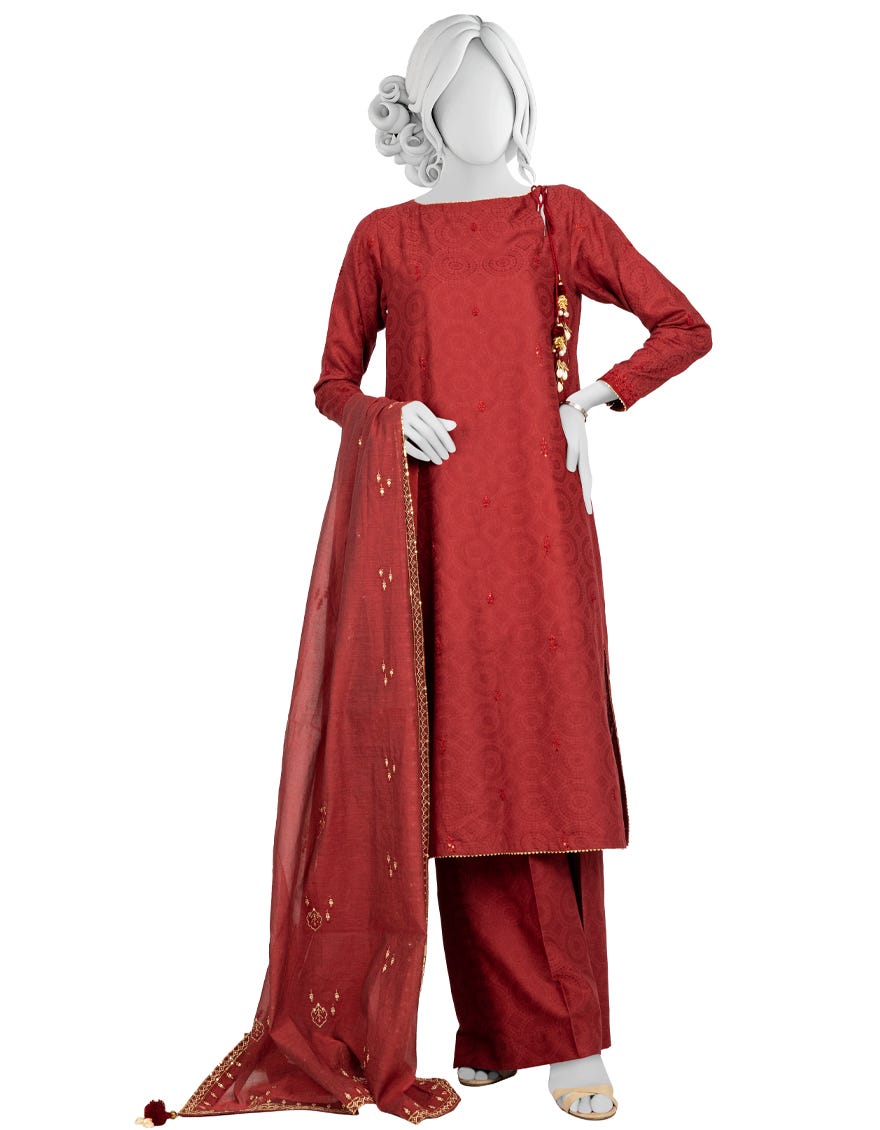 RED-MAROON JACQUARD UNSTITCHED 3PC | JJLS-W-JWU-22-1845