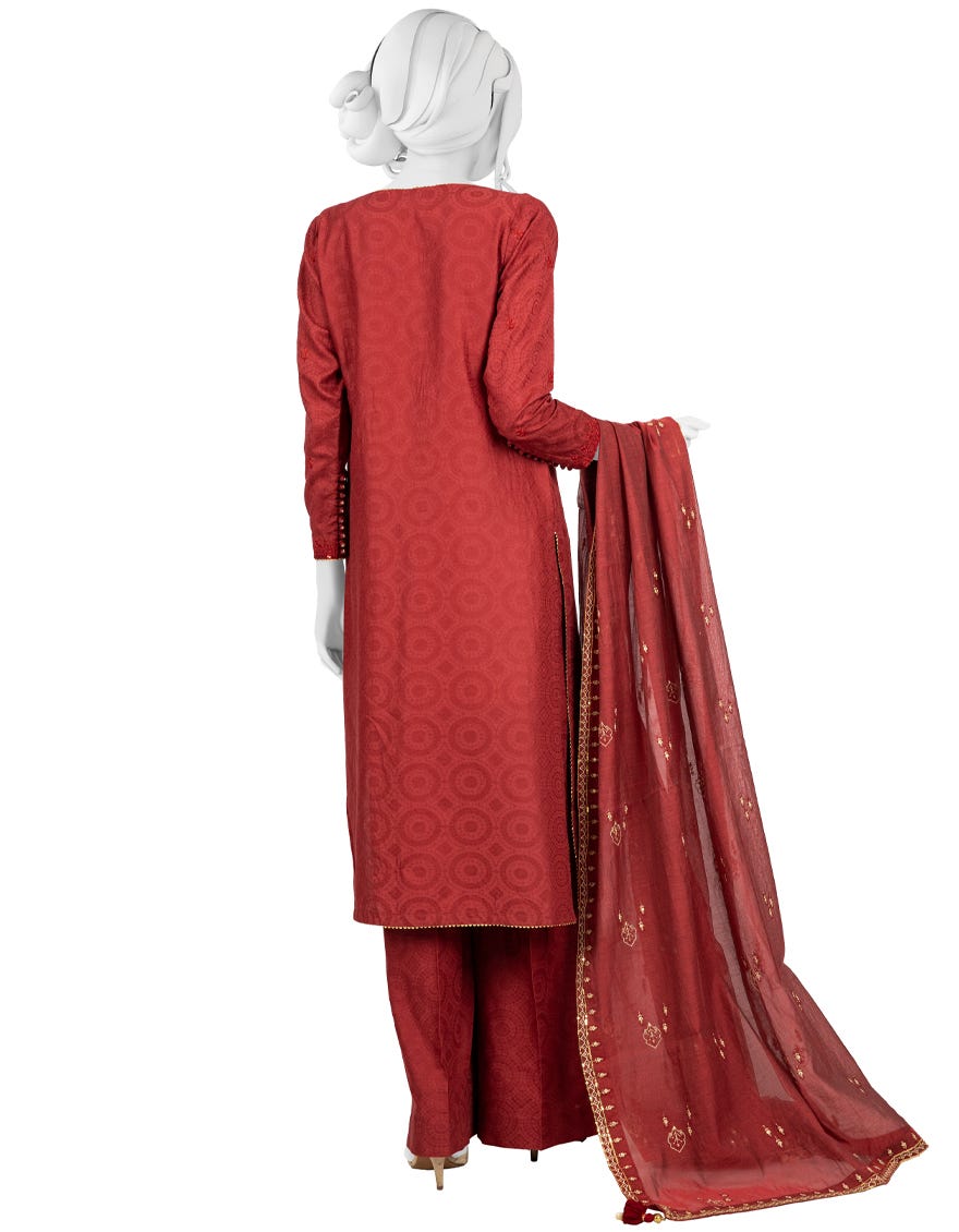 RED-MAROON JACQUARD UNSTITCHED 3PC | JJLS-W-JWU-22-1845