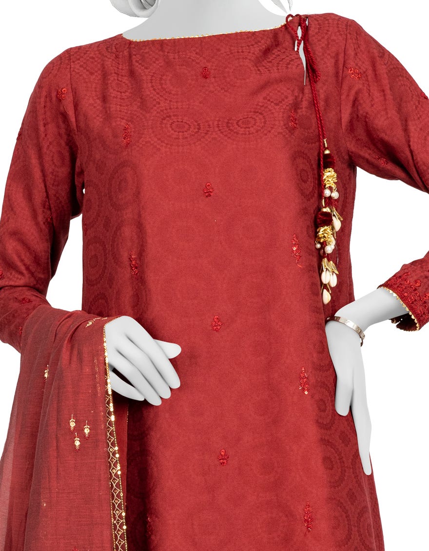 RED-MAROON JACQUARD UNSTITCHED 3PC | JJLS-W-JWU-22-1845