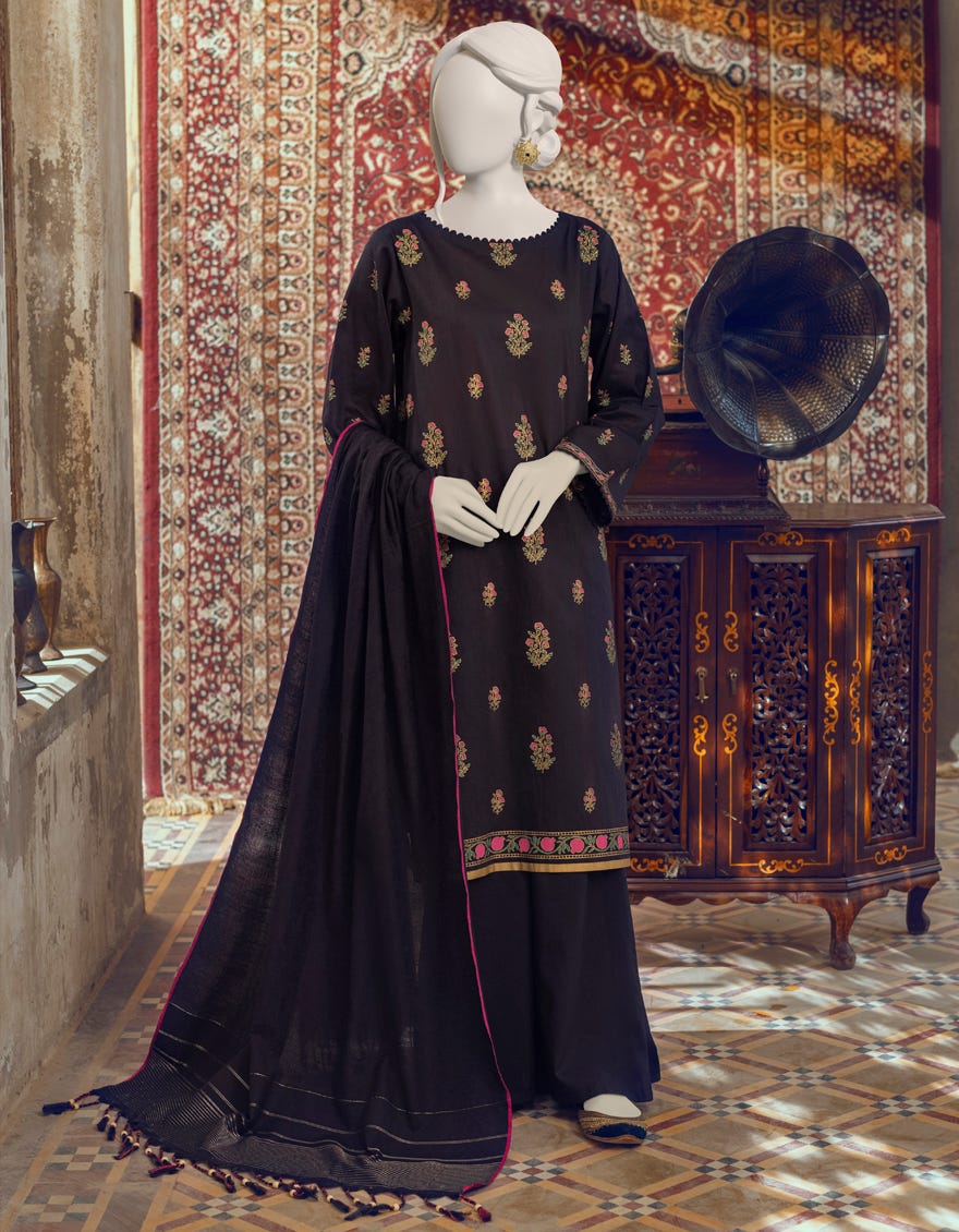 BLACK CAMBRIC UNSTITCHED 3PC | JJLS-W-JWU-22-1848