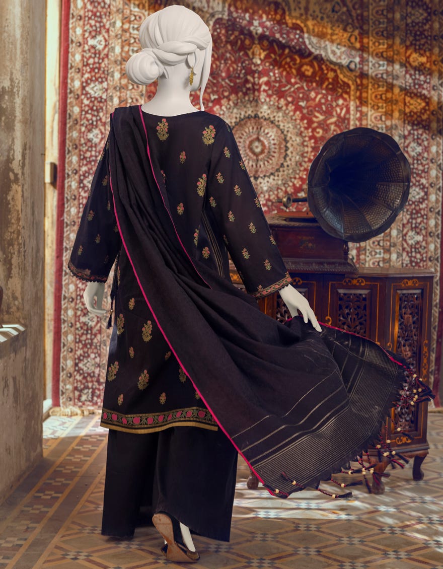 BLACK CAMBRIC UNSTITCHED 3PC | JJLS-W-JWU-22-1848