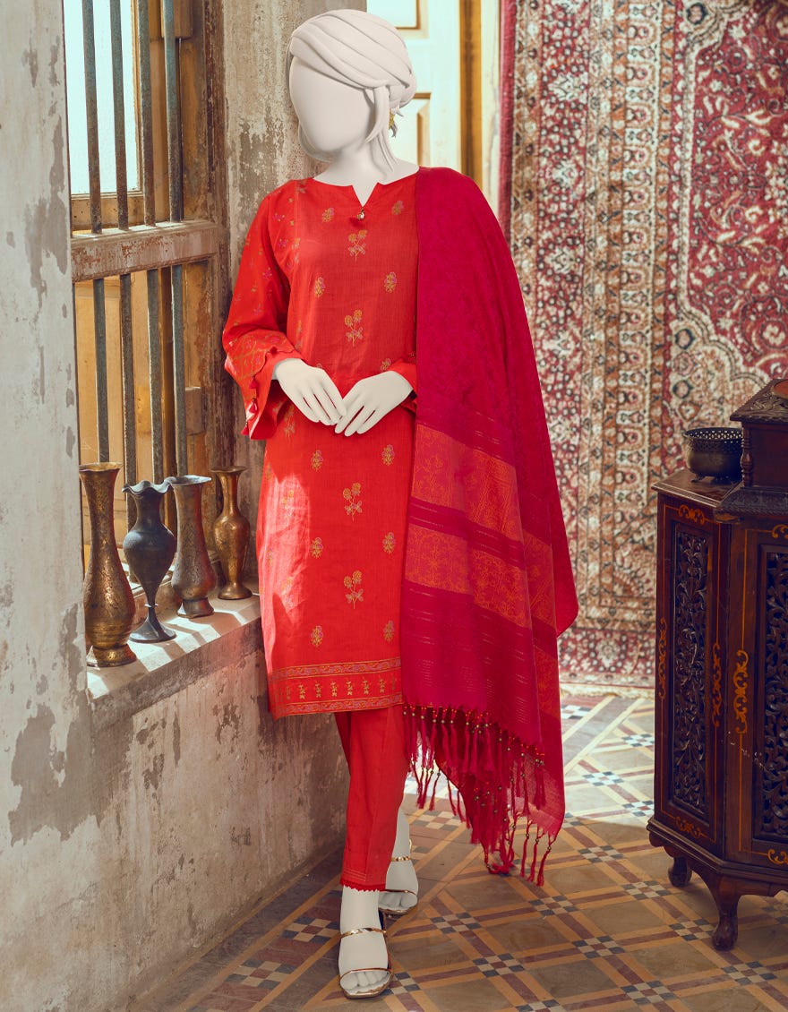 RED CAMBRIC UNSTITCHED 3PC | JJLS-W-JWU-22-1849