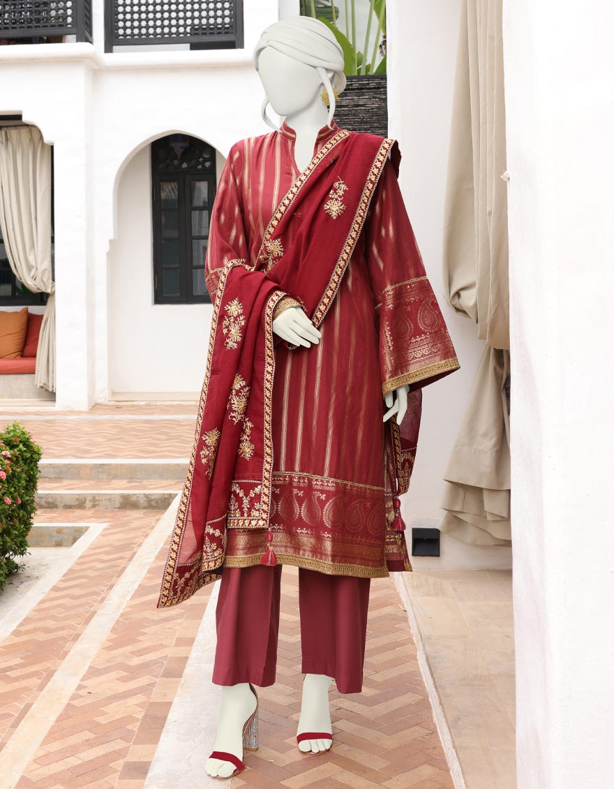 MAROON JACQUARD UNSTITCHED 3PC | JJLS-W-JWU-22-1851 FB