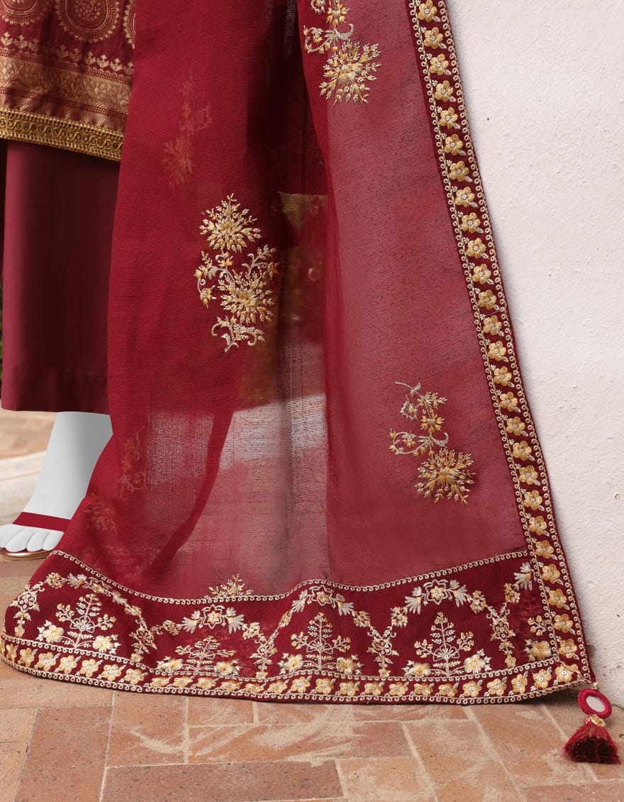 MAROON JACQUARD UNSTITCHED 3PC | JJLS-W-JWU-22-1851 FB