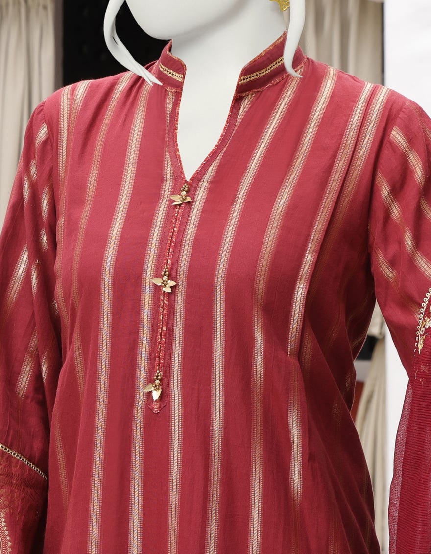 MAROON JACQUARD UNSTITCHED 3PC | JJLS-W-JWU-22-1851 FB