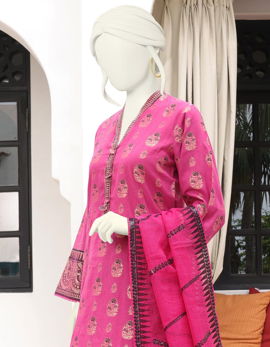 MAGENTA JACQUARD UNSTITCHED 3PC | JJLS-W-JWU-22-1853