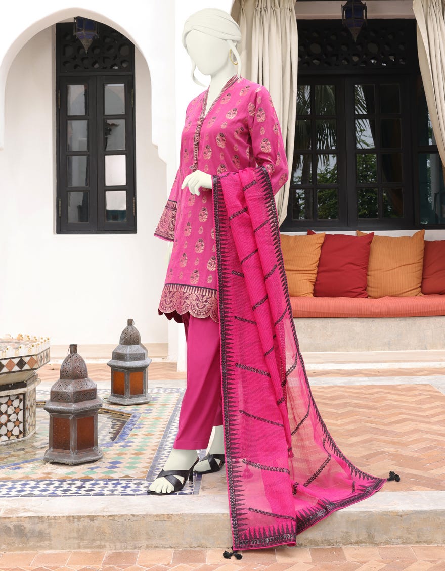 MAGENTA JACQUARD UNSTITCHED 3PC | JJLS-W-JWU-22-1853