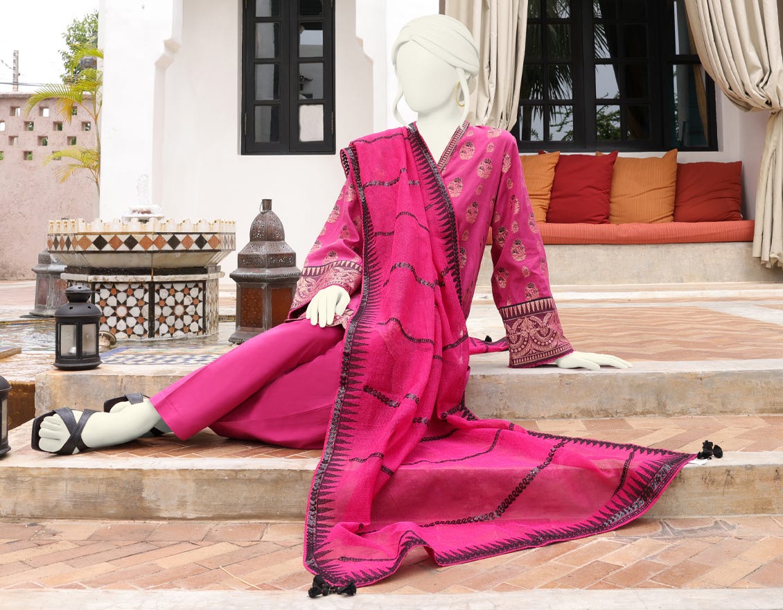 MAGENTA JACQUARD UNSTITCHED 3PC | JJLS-W-JWU-22-1853