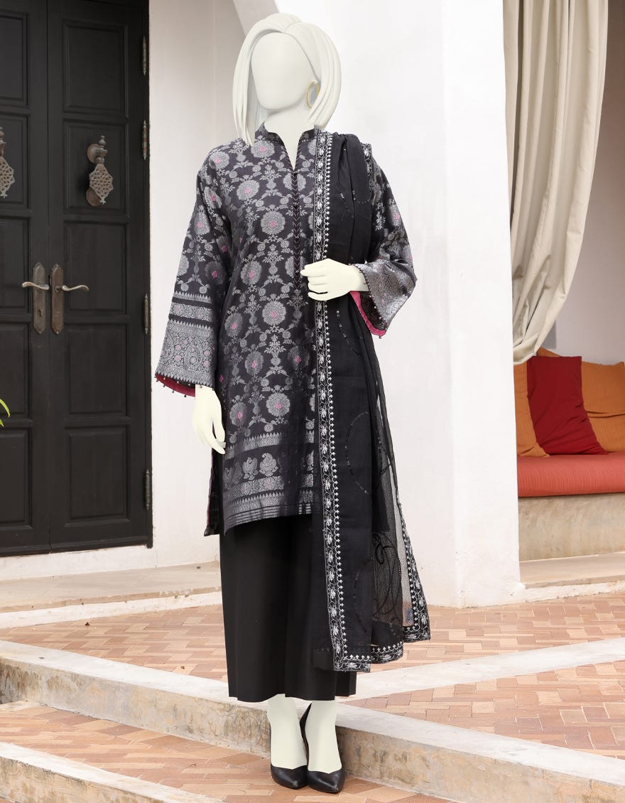 BLACK JACQUARD UNSTITCHED 3PC | JJLS-W-JWU-22-1854