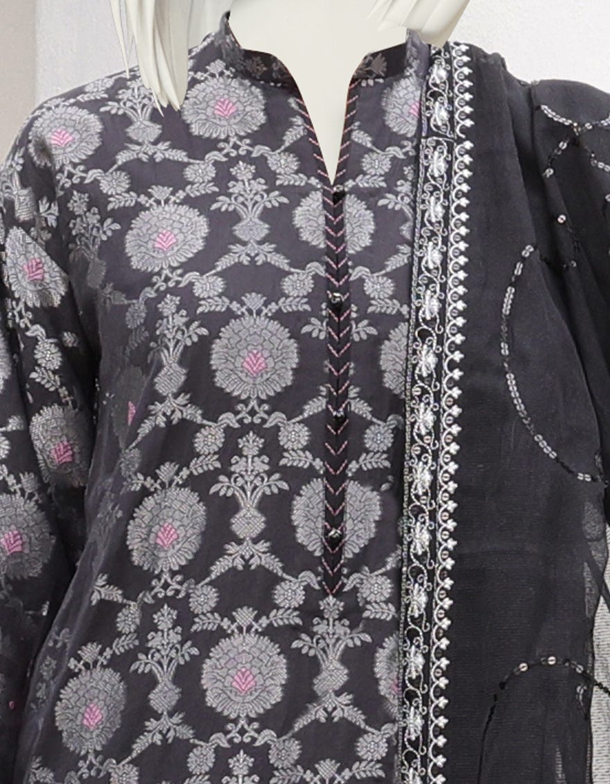 BLACK JACQUARD UNSTITCHED 3PC | JJLS-W-JWU-22-1854