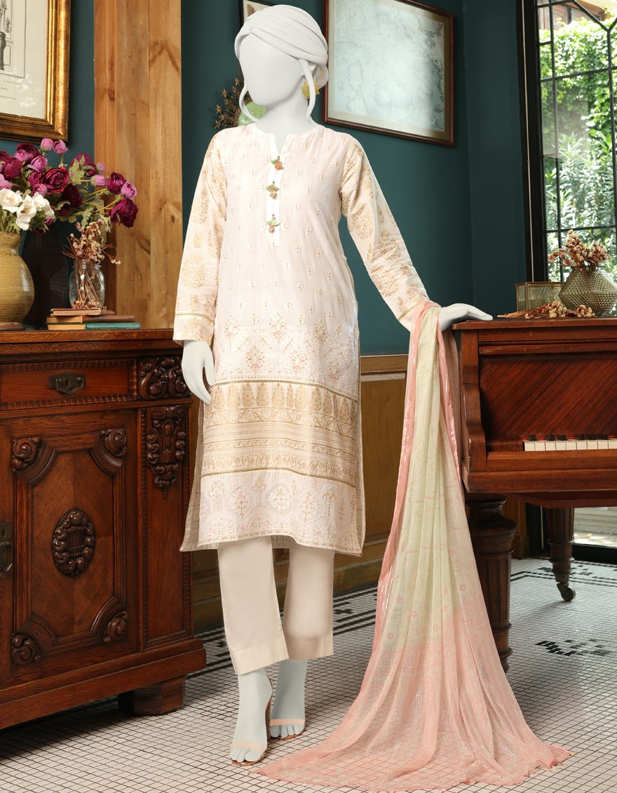 OFF WHITE CAMBRIC UNSTITCHED 3PC | JJLS-W-JWU-22-1855 FB