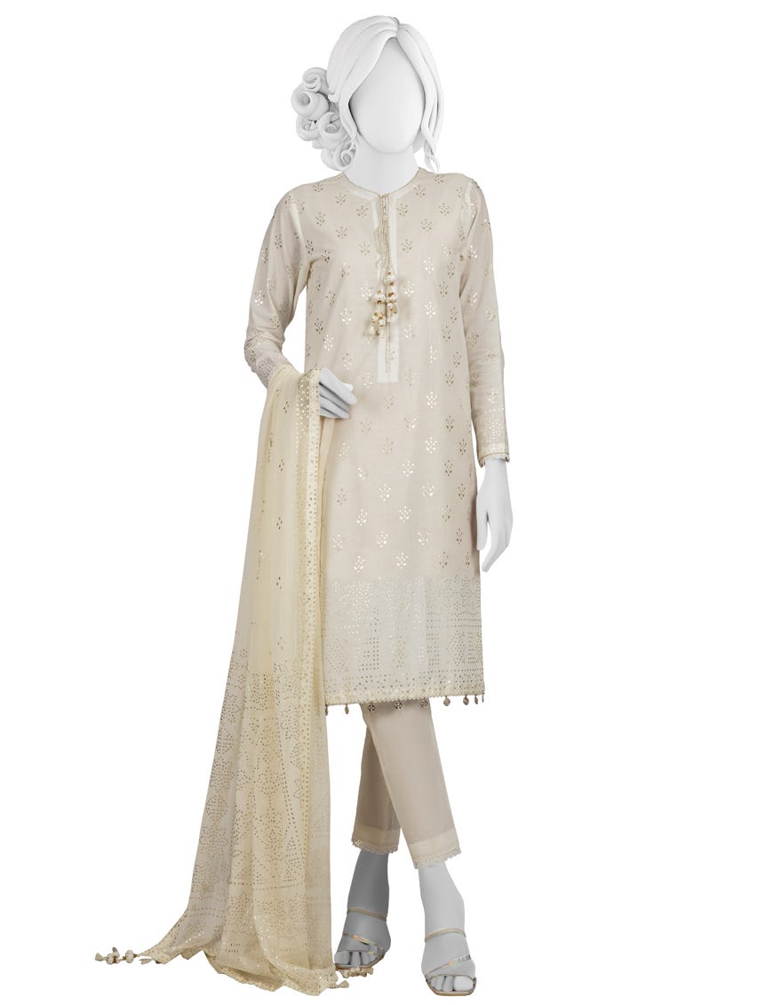 OFF WHITE CAMBRIC UNSTITCHED 3PC | JJLS-W-JWU-22-1860