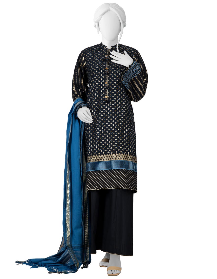 DARK BLUE CAMBRIC UNSTITCHED 3PC | JJLS-W-JWU-22-1866