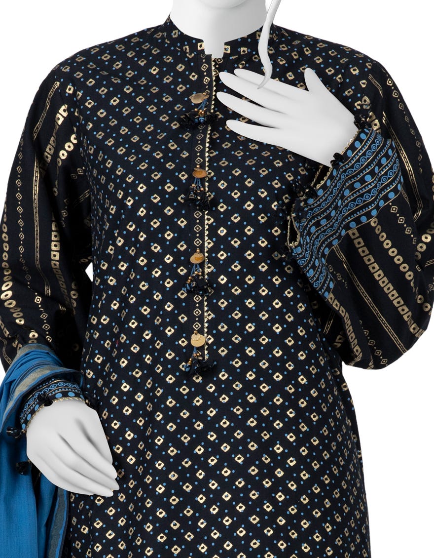 DARK BLUE CAMBRIC UNSTITCHED 3PC | JJLS-W-JWU-22-1866