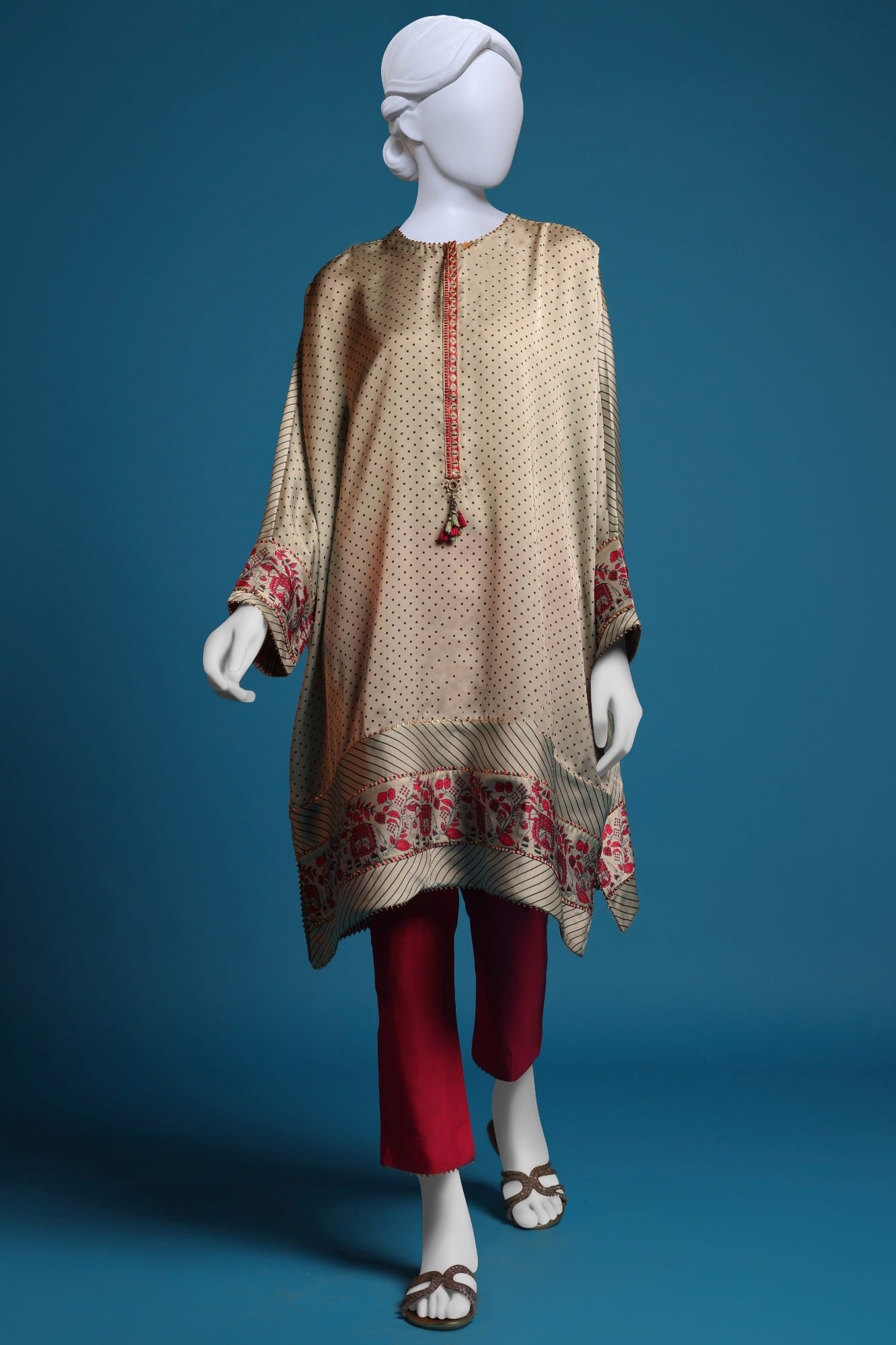 BEIGE-NEON PINK SILK 2PC STITCHED | CCW-2PS-ST-S-22-2056