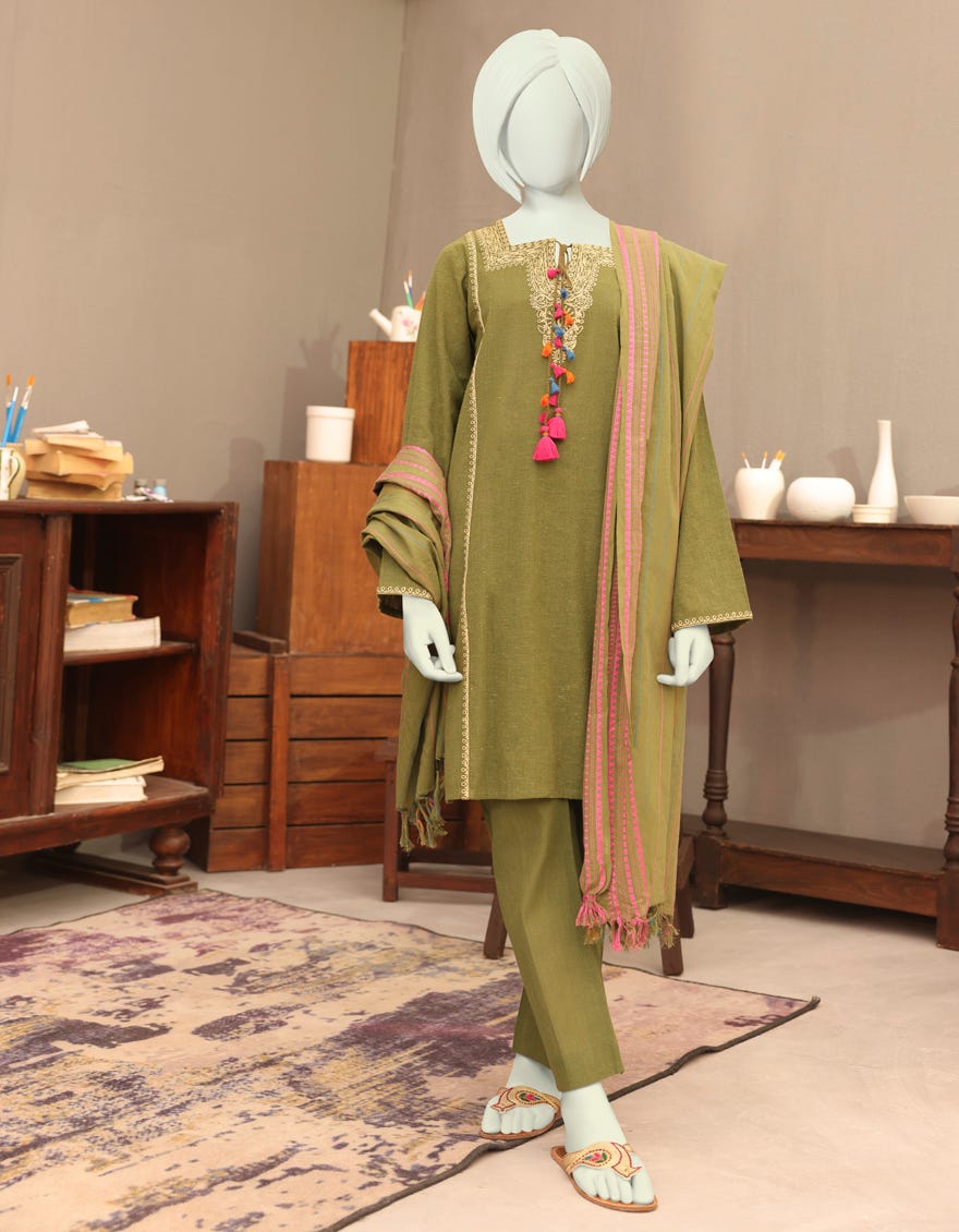 OLIVE KHADDAR TEENS 3PC | JGK-YGK-JWT-W-22-3503