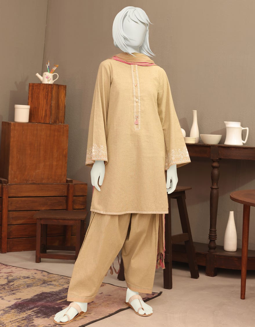BEIGE KHADDAR TEENS 3PC | JYGK-W-JWT-22-3504