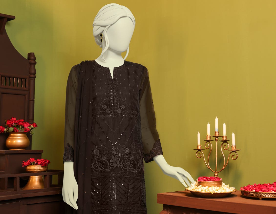 BLACK ORGANZA 3PC STITCHED | JJPW-S-JPS-22-3933