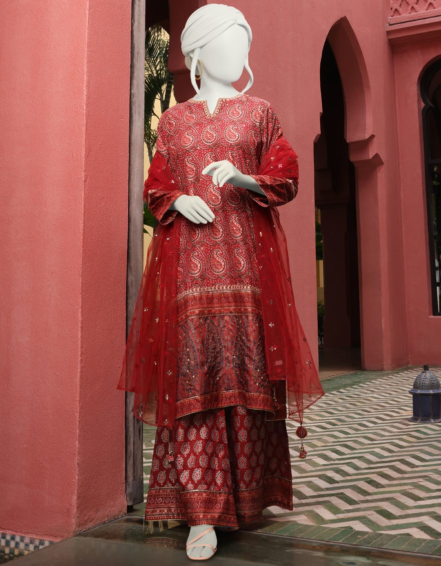 MAROON CAMBRIC UNSTITCHED 3PC | JJLS-W-JPS-22-3946