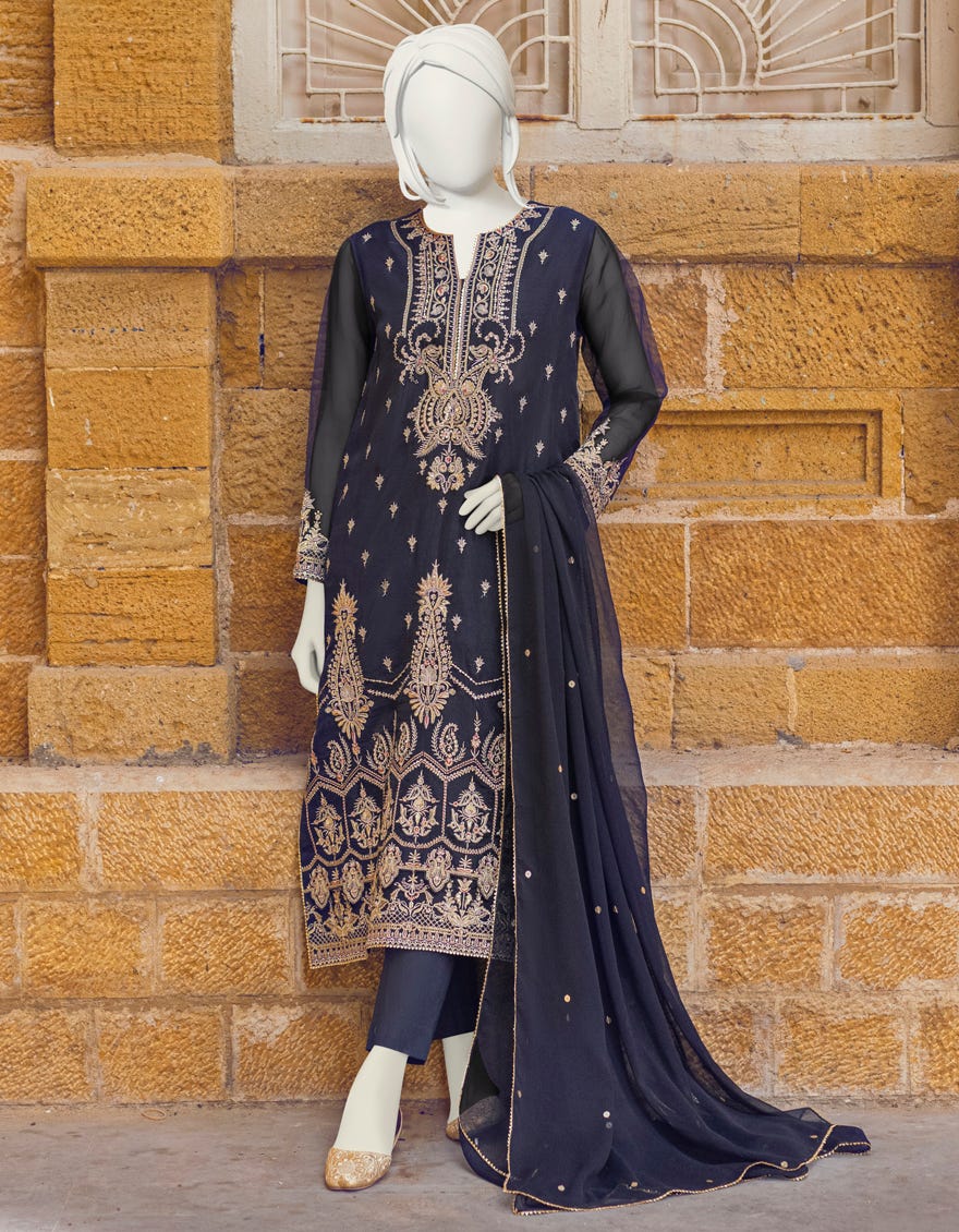 BLACK CAMBRIC UNSTITCHED 3PC | JJLS-W-JFU-22-712