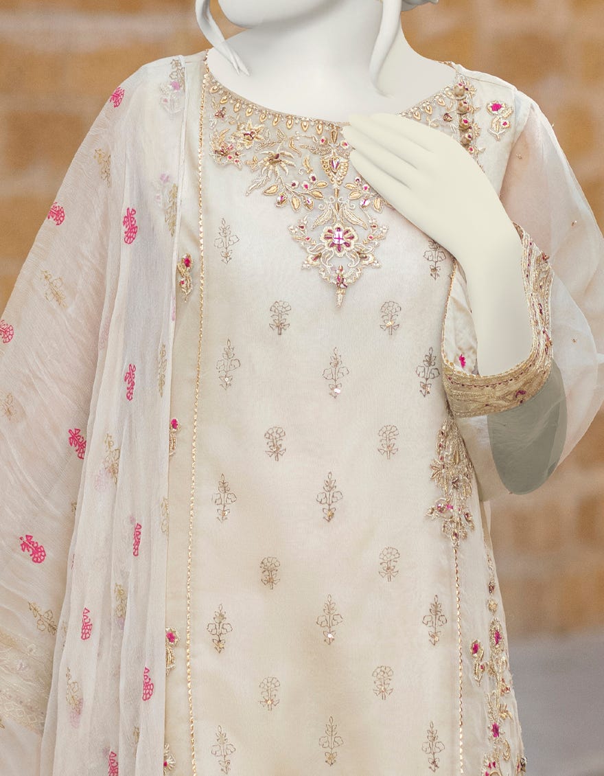 BEIGE ORGANZA UNSTITCHED 3PC | JJLS-W-JFU-22-713