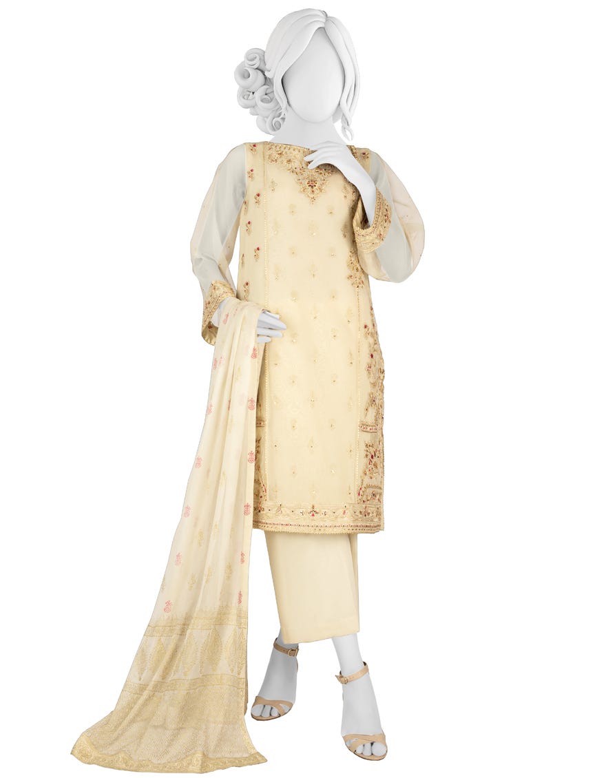 BEIGE ORGANZA UNSTITCHED 3PC | JJLS-W-JFU-22-713