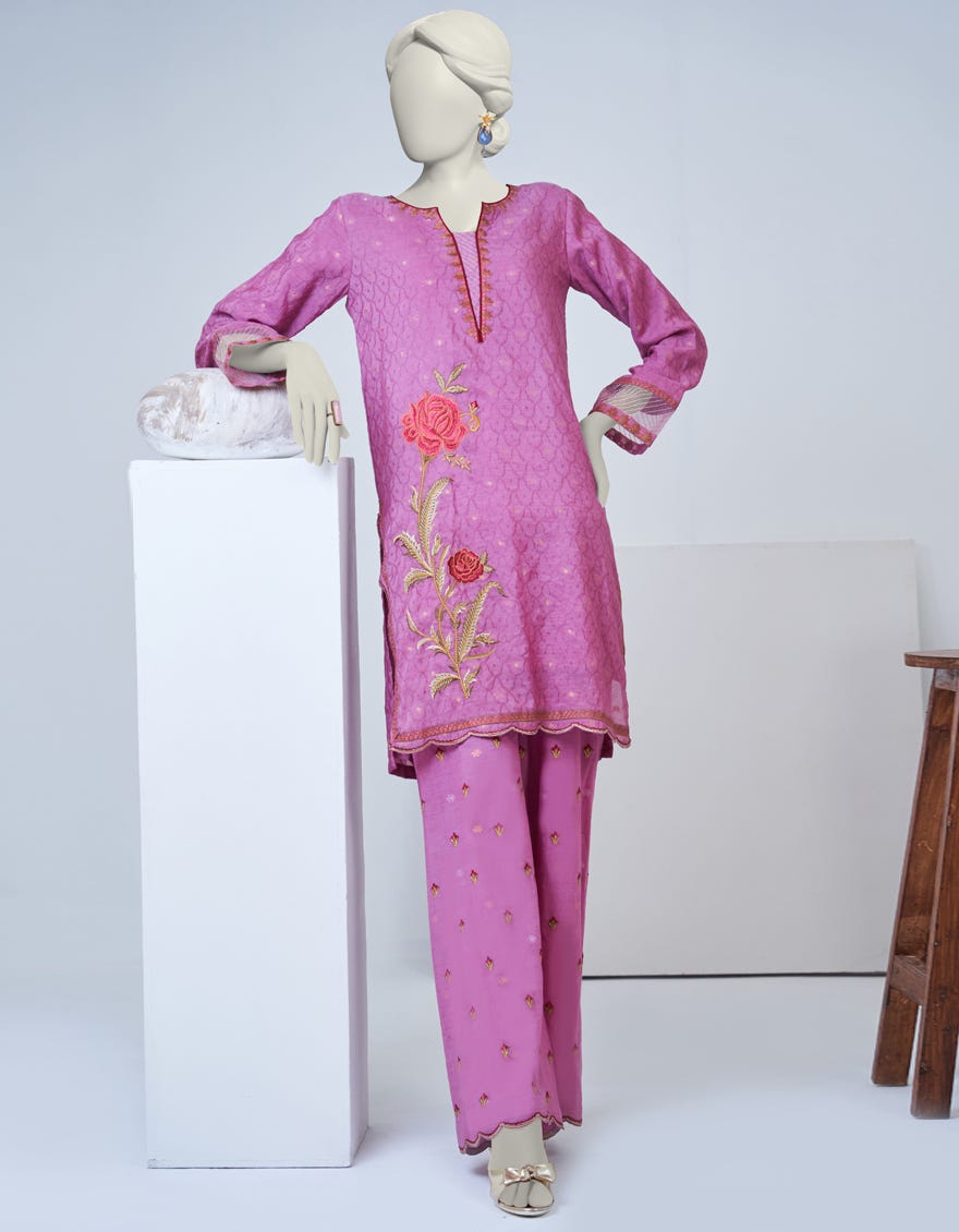 Pink Dobby 2 Piece Stitched Dress | Jjpw-S-Jpw2-23-058