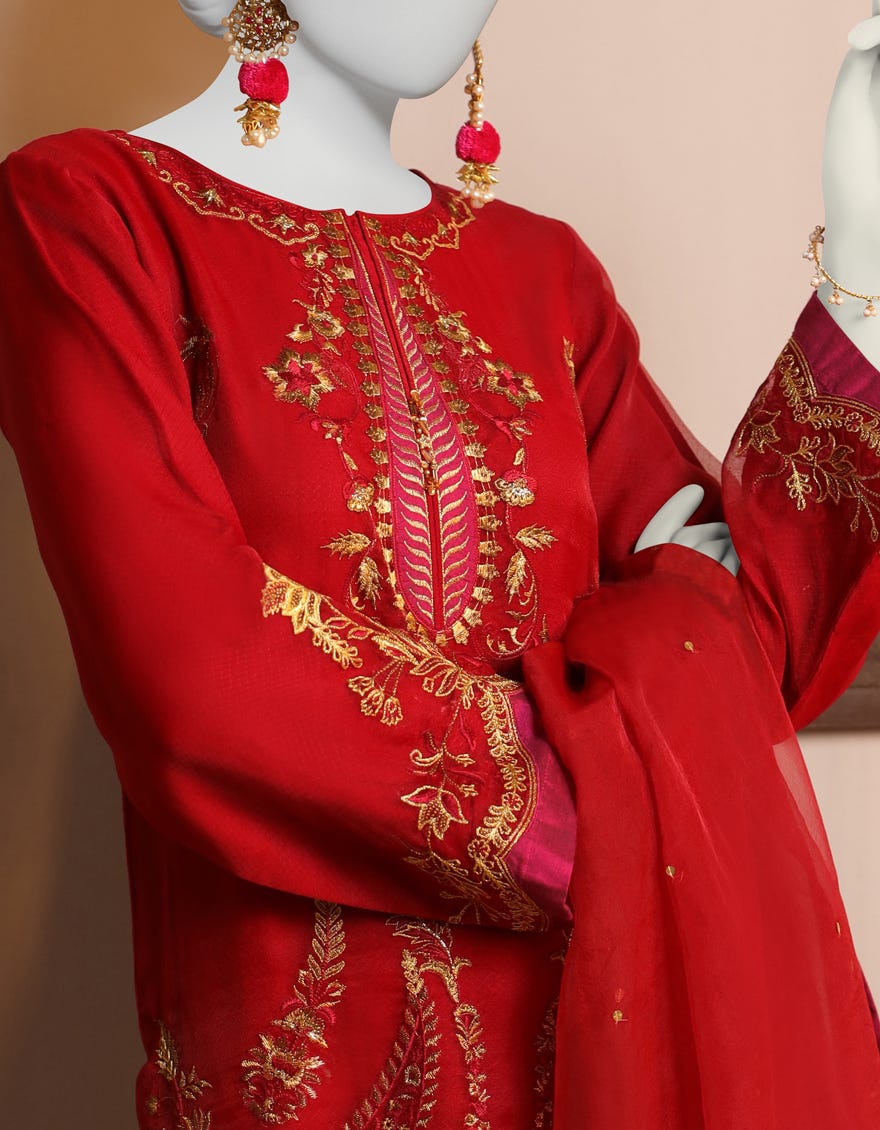 Red Raw Silk 3 Piece Stitched Dress | Jjpw-S-Jpwf-23-101