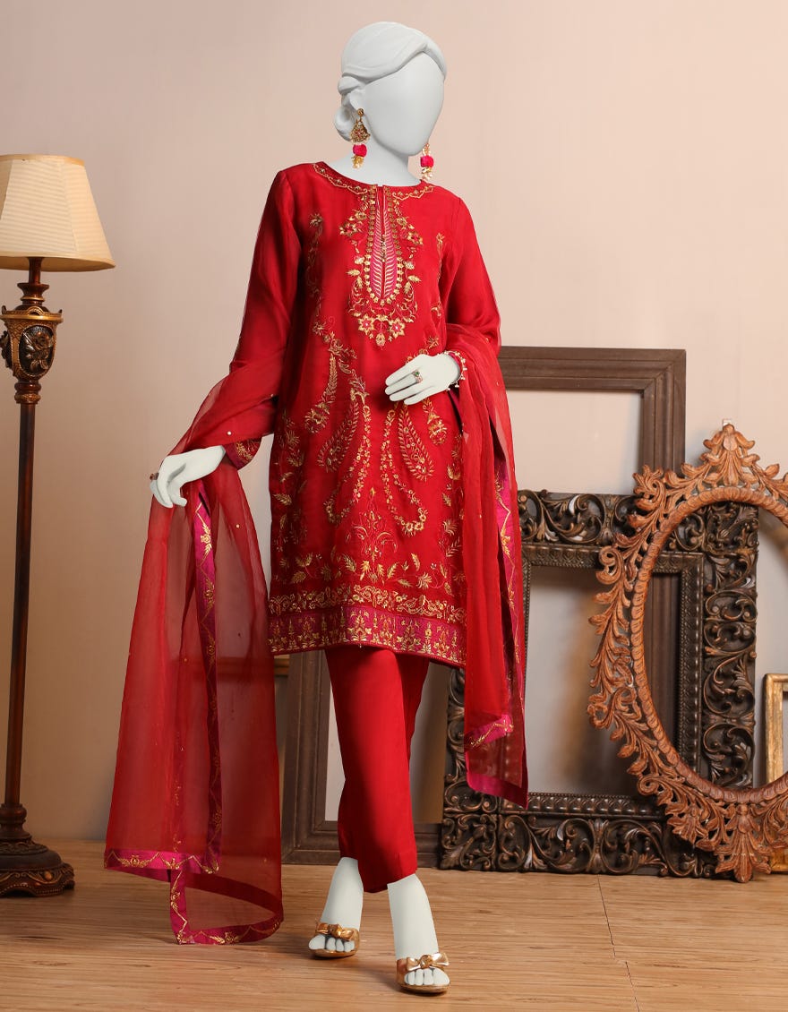 Red Raw Silk 3 Piece Stitched Dress | Jjpw-S-Jpwf-23-101