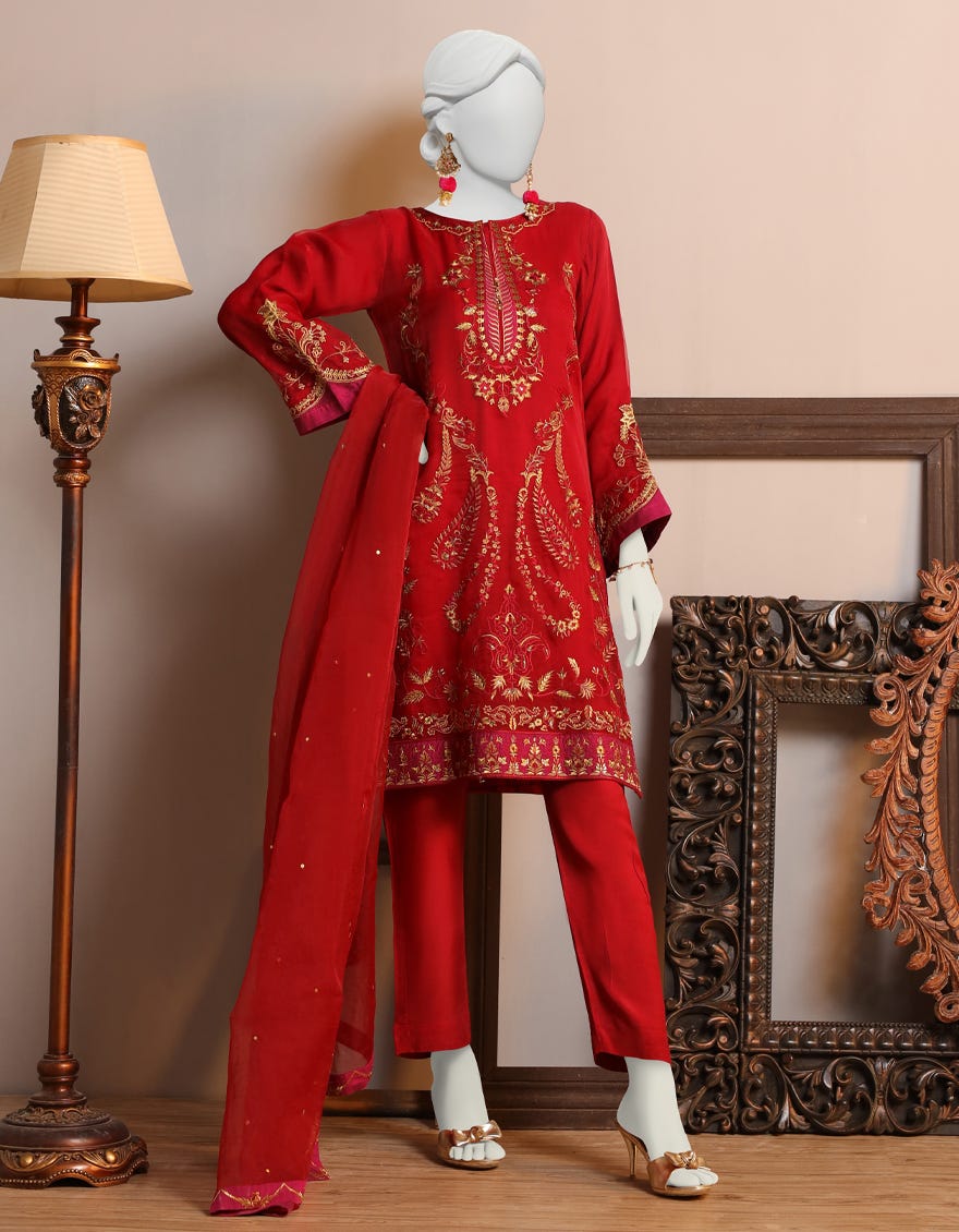 Red Raw Silk 3 Piece Stitched Dress | Jjpw-S-Jpwf-23-101