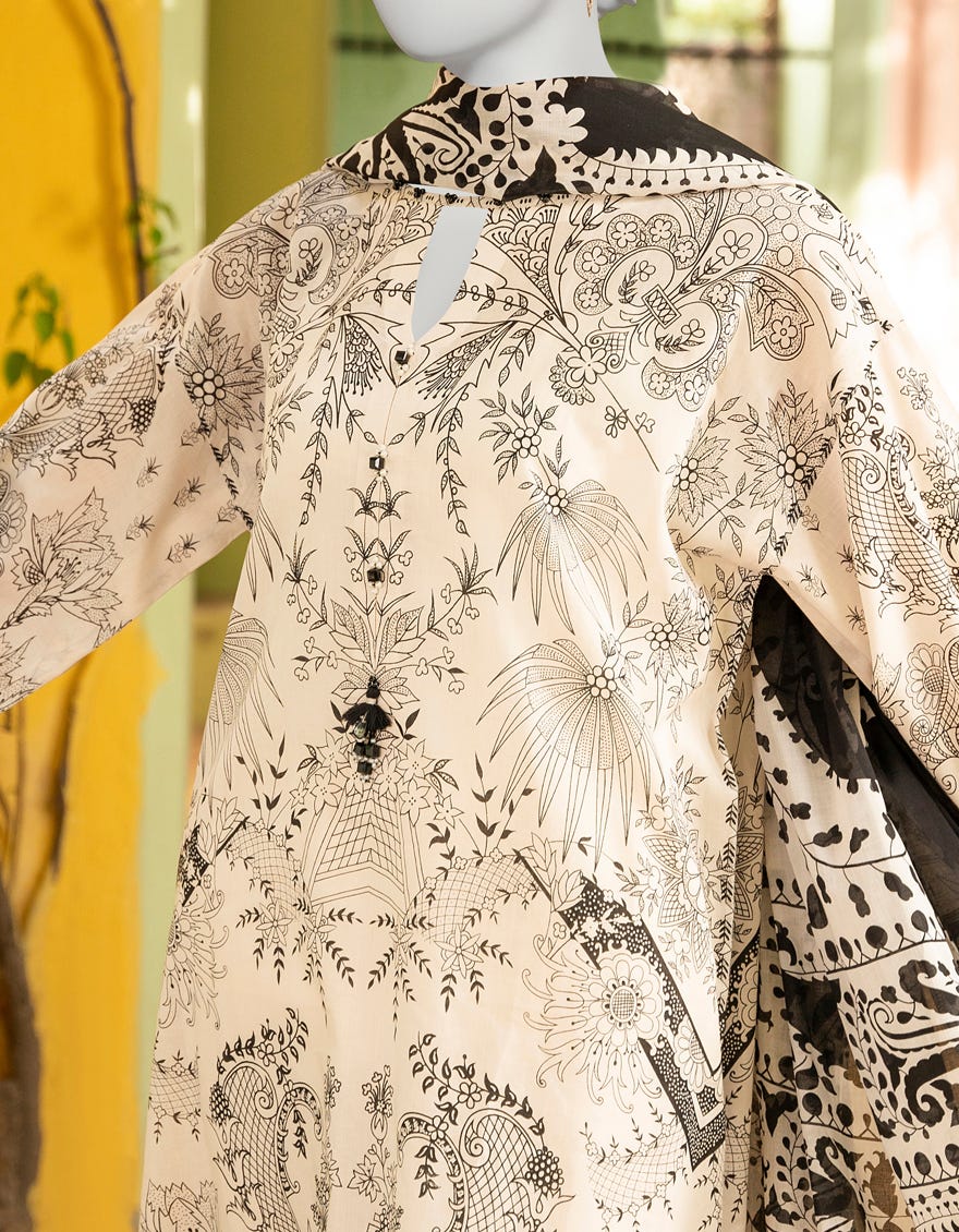 BLACK LAWN UNSTITCHED 2PC | JLAWN-S-JDS-23-1096