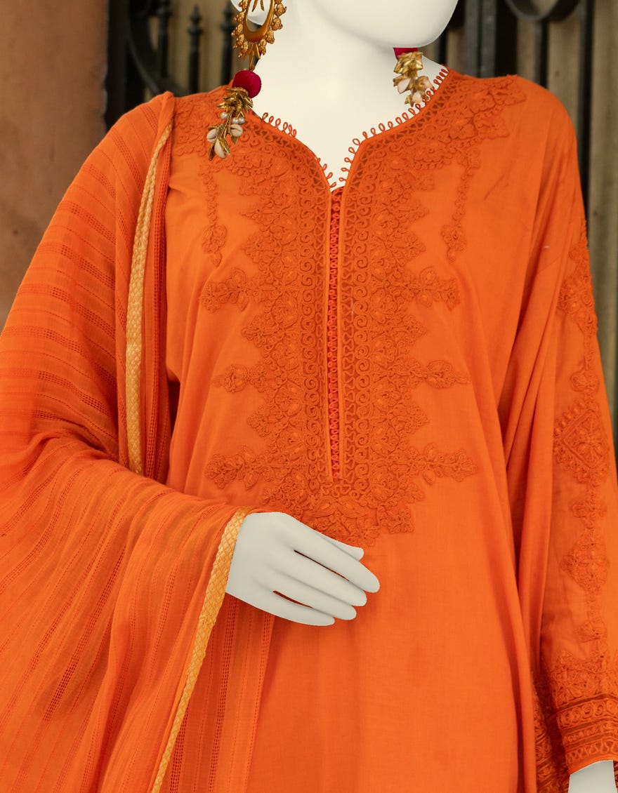 Orange Doria 3 Piece Stitched Dress | Jlawn-S-23-389