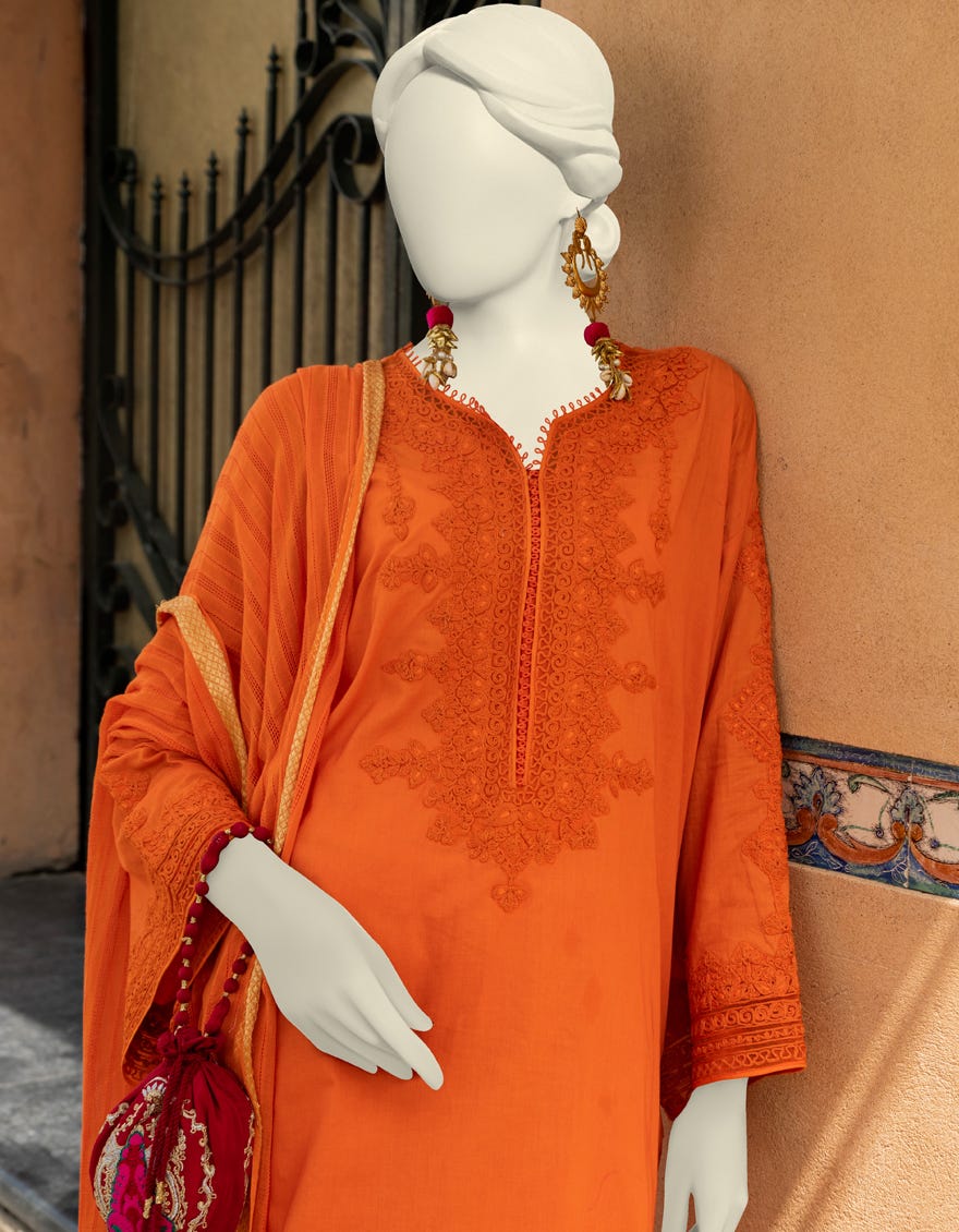 Orange Doria 3 Piece Stitched Dress | Jlawn-S-23-389