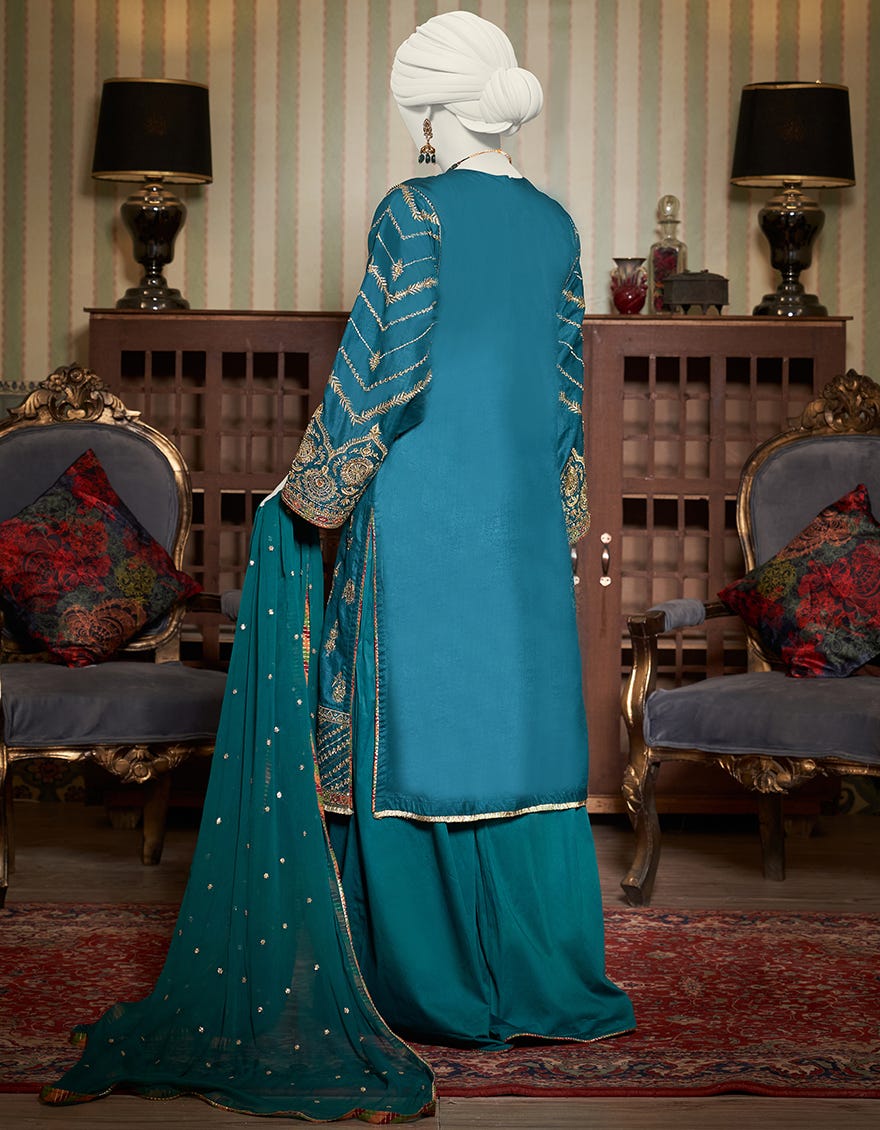 Teal Cotton Satin 3 Piece Stitched Dress | Jjpw-W-Jps-23-3943