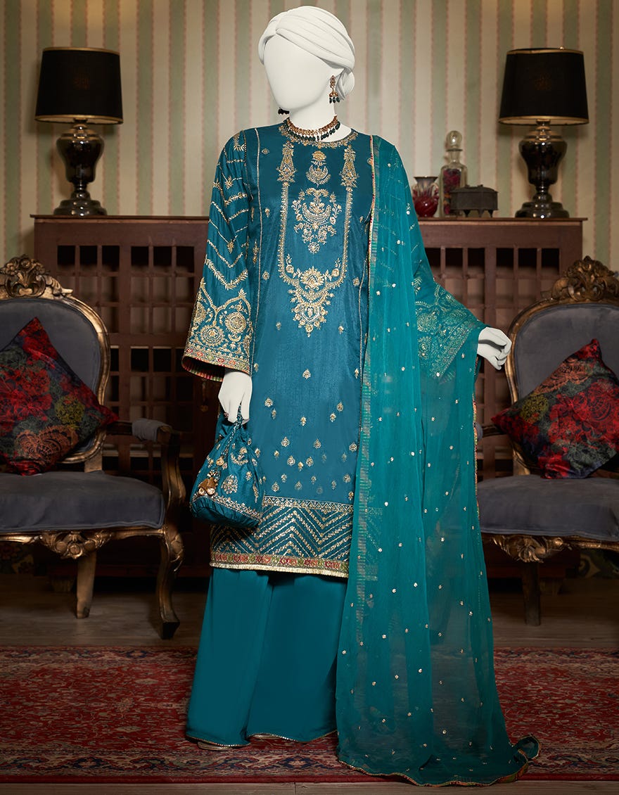Teal Cotton Satin 3 Piece Stitched Dress | Jjpw-W-Jps-23-3943