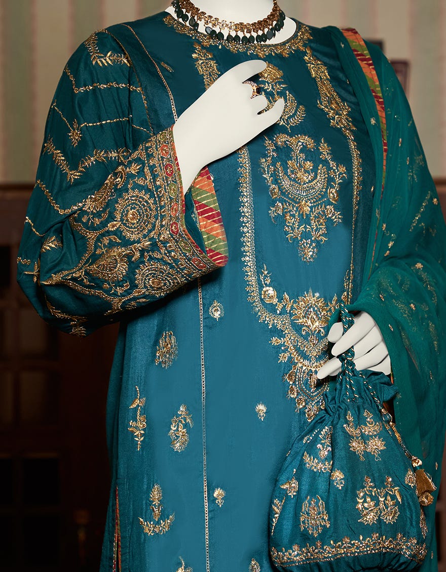 Teal Cotton Satin 3 Piece Stitched Dress | Jjpw-W-Jps-23-3943