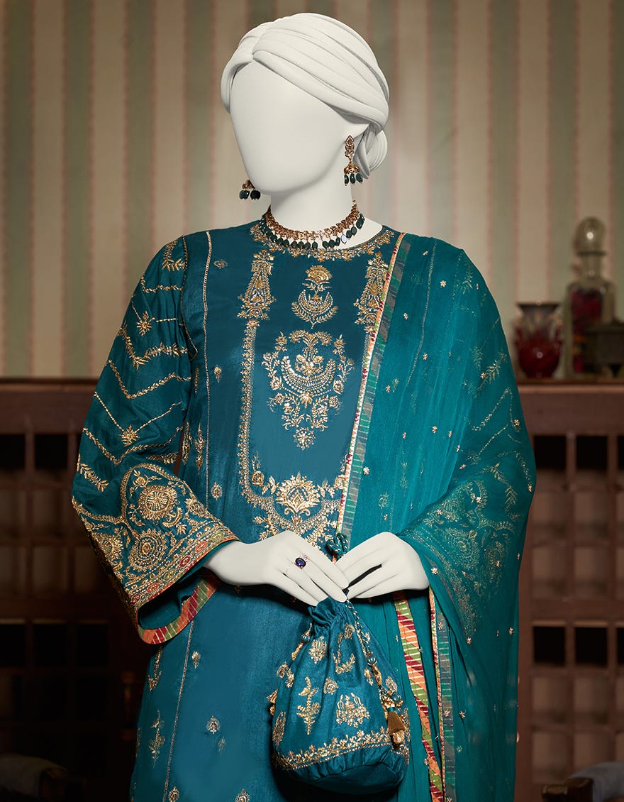 Teal Cotton Satin 3 Piece Stitched Dress | Jjpw-W-Jps-23-3943