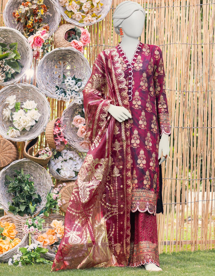 Maroon Raw Silk 3 Piece Stitched Dress | Jjpw-S-Jpws-23-591