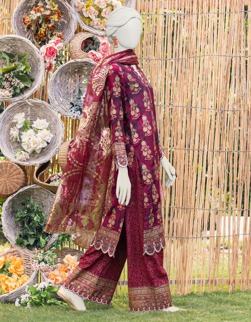 Maroon Raw Silk 3 Piece Stitched Dress | Jjpw-S-Jpws-23-591