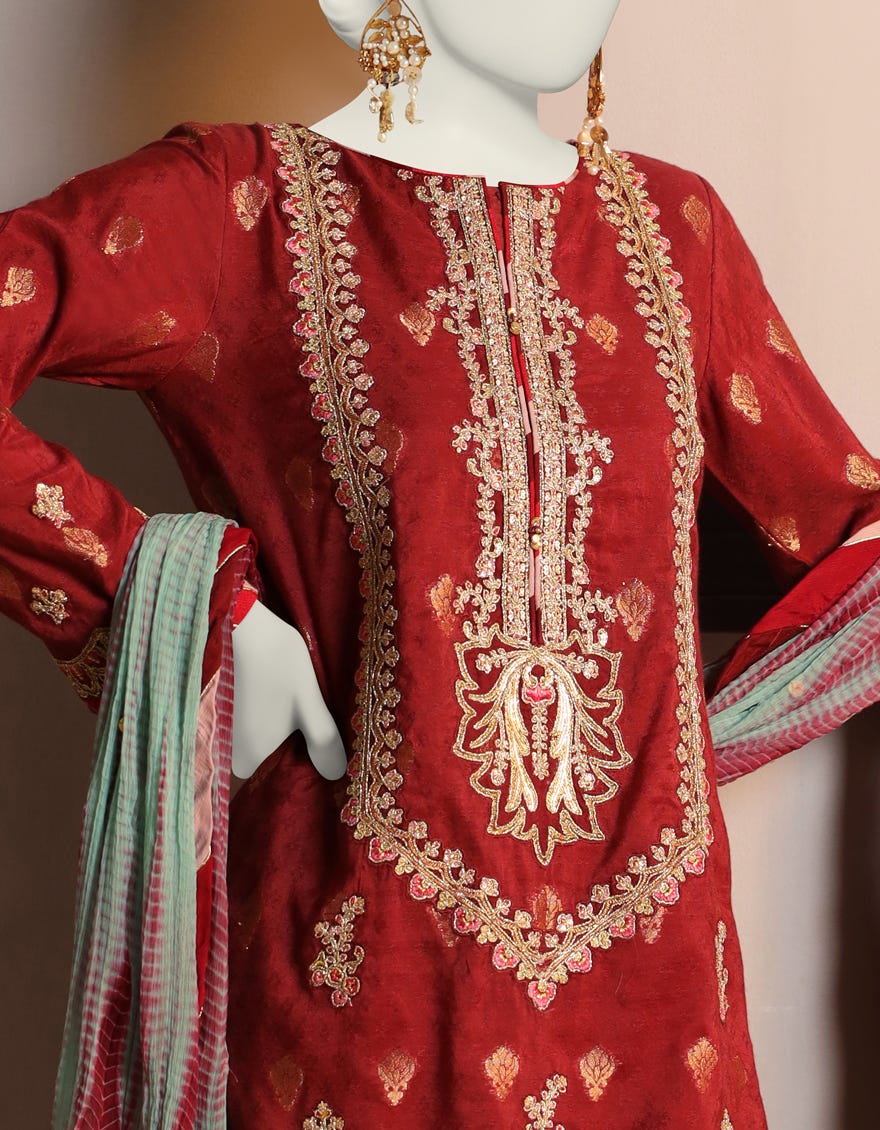 Red Cotton 3 Piece Stitched Dress | Jjpw-S-Jpws-23-613