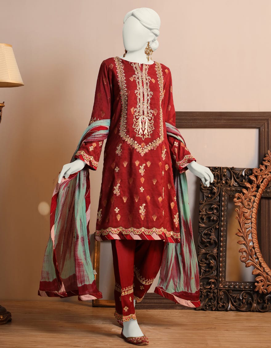 Red Cotton 3 Piece Stitched Dress | Jjpw-S-Jpws-23-613