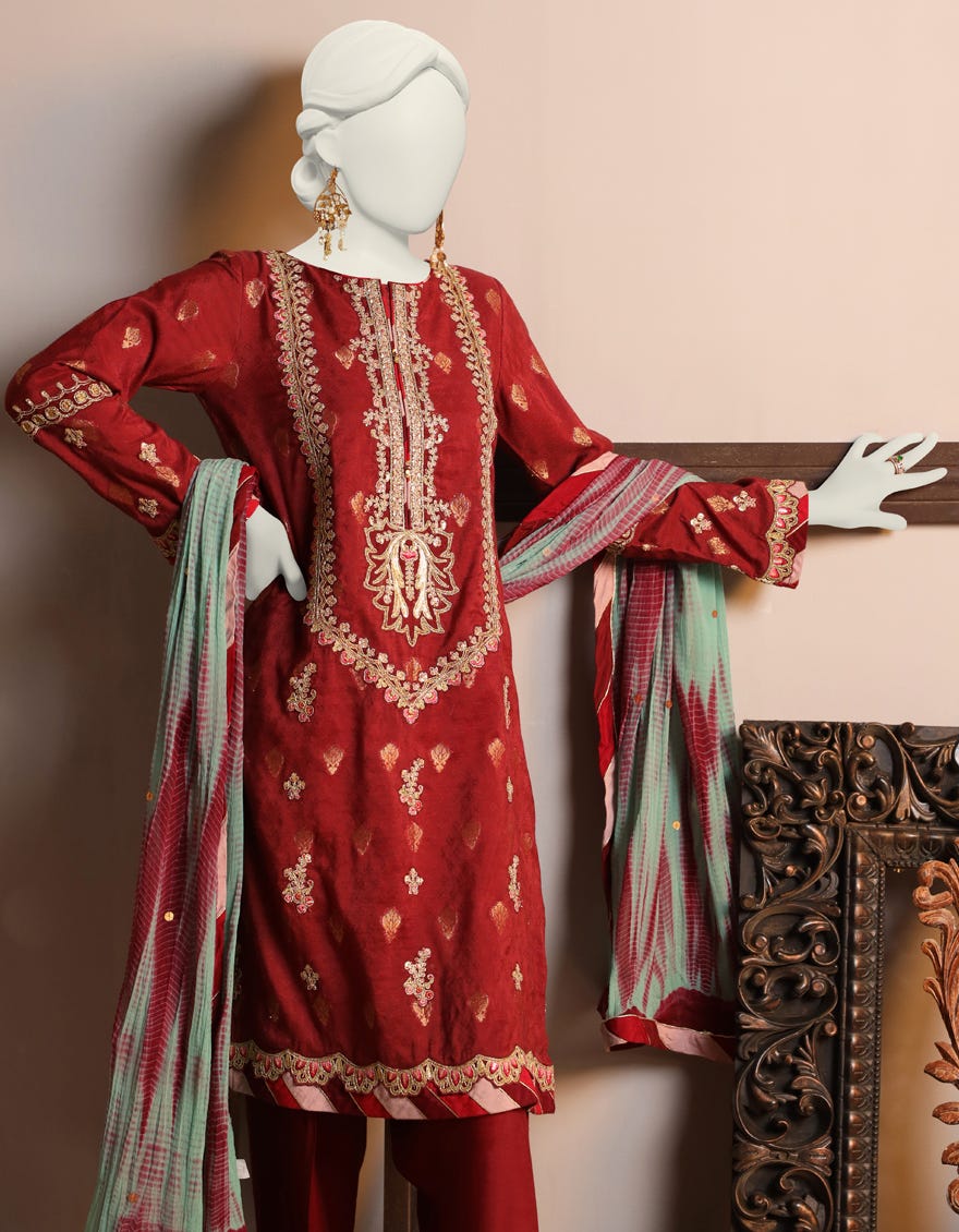 Red Cotton 3 Piece Stitched Dress | Jjpw-S-Jpws-23-613