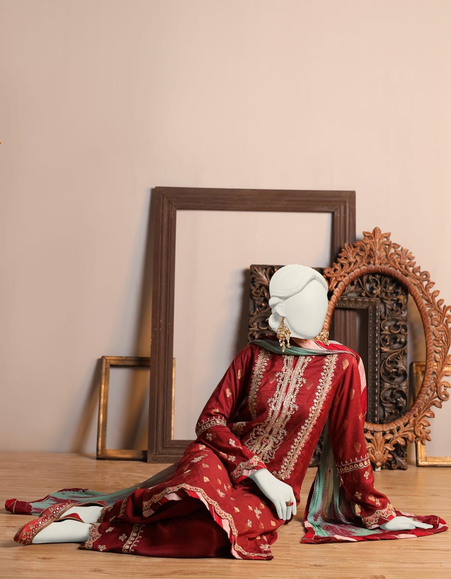 Red Cotton 3 Piece Stitched Dress | Jjpw-S-Jpws-23-613