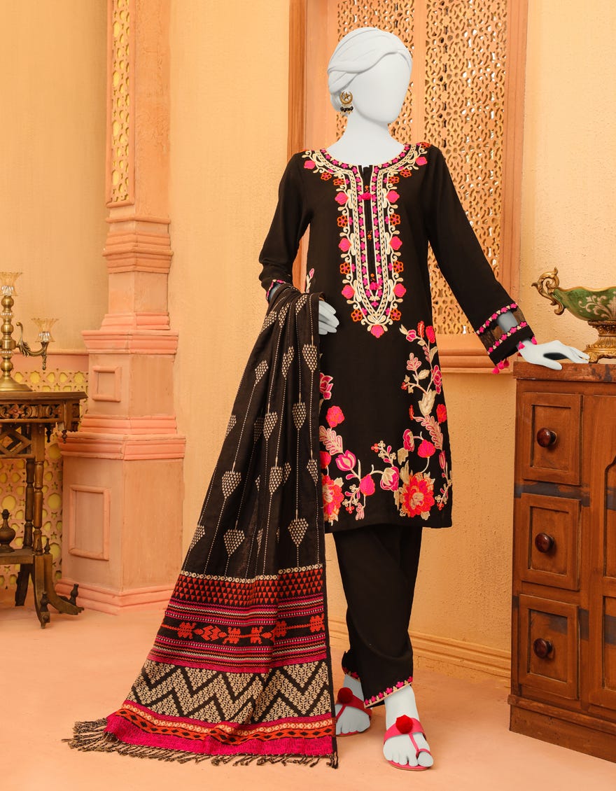 Black Khaddar 3 Piece Stitched Dress | Jjpw-W-Jpws-23-623