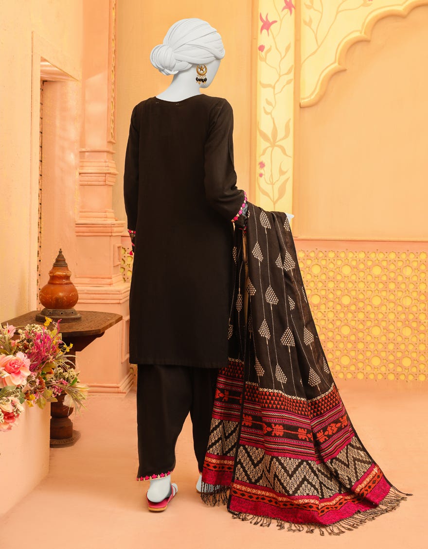 Black Khaddar 3 Piece Stitched Dress | Jjpw-W-Jpws-23-623