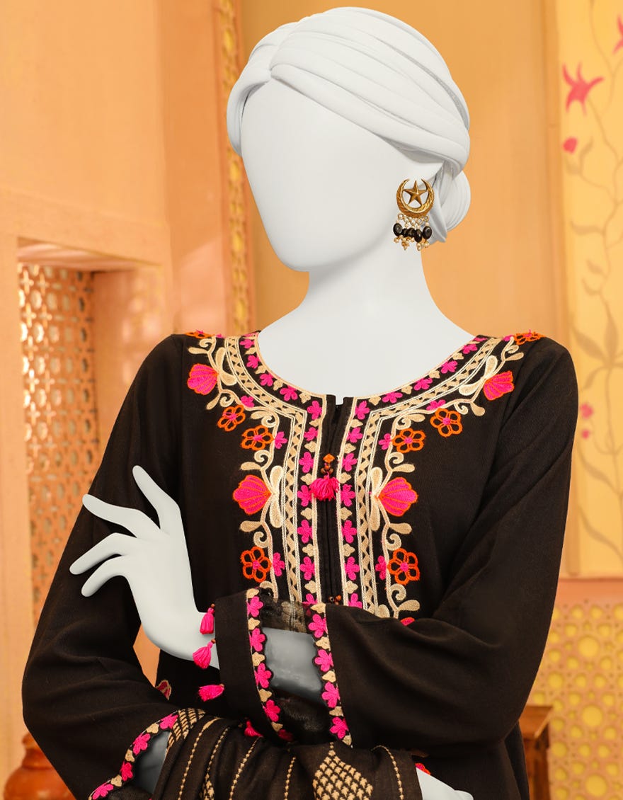 Black Khaddar 3 Piece Stitched Dress | Jjpw-W-Jpws-23-623